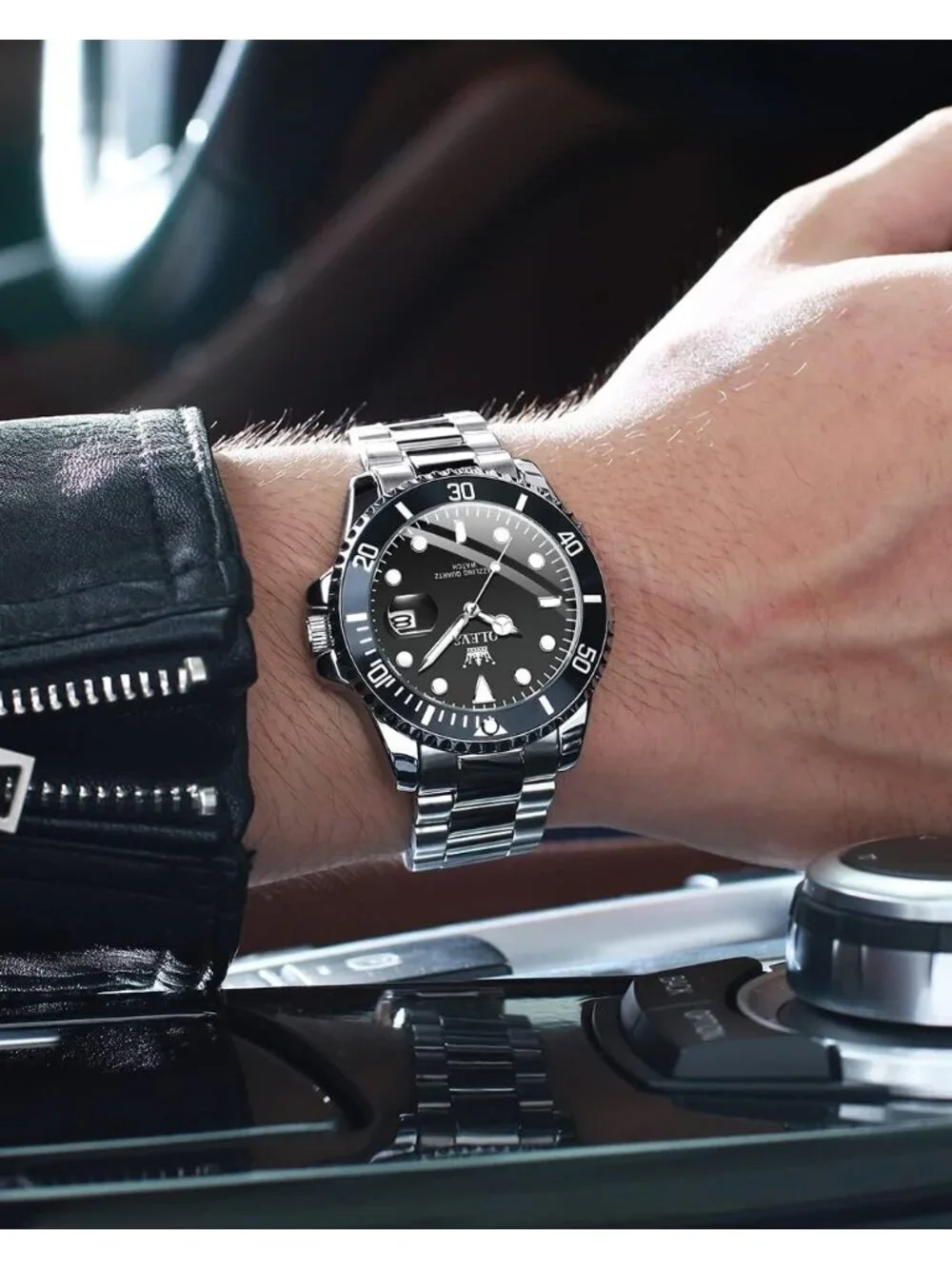 Men's Black Premium Silver Stainless Analog Rotatable Bezel Date Steel Watch